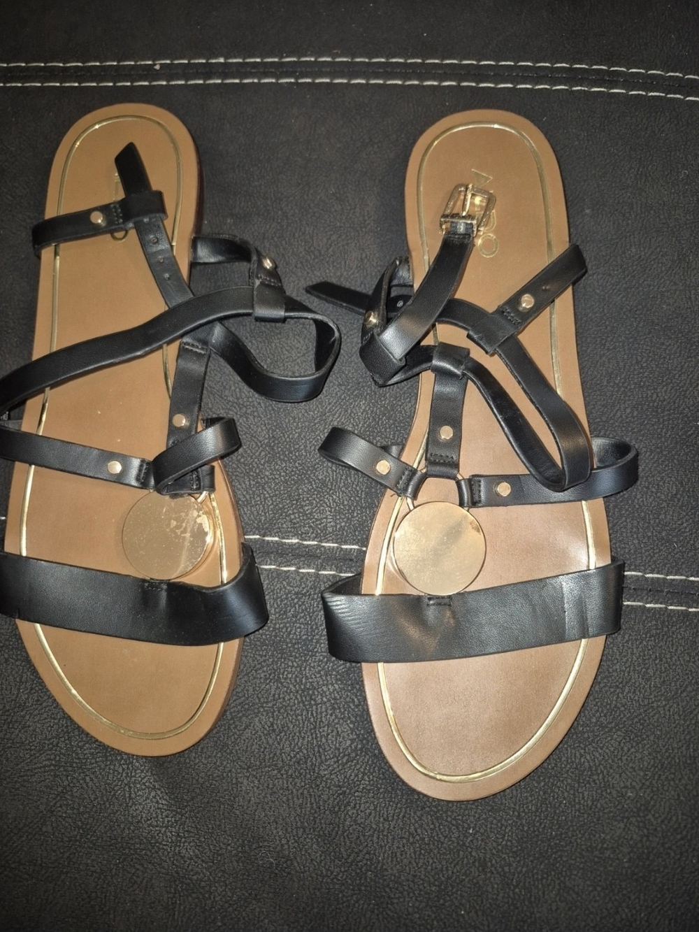 Aldo Black Strappy Leather Flat Sandals with Gold Accent